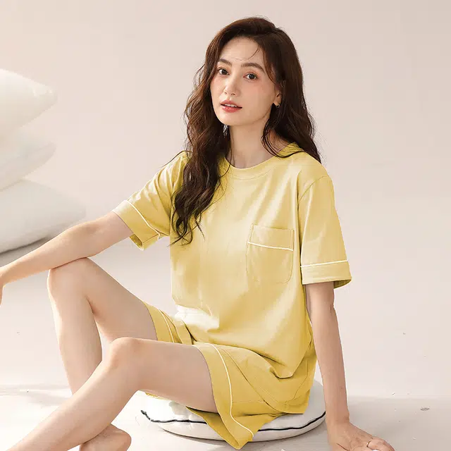 浮光岛屿 纯色简约高级感柔软亲肤圆领短袖休闲可外穿三分裤睡衣套装 女款 礼盒装 香草绿
