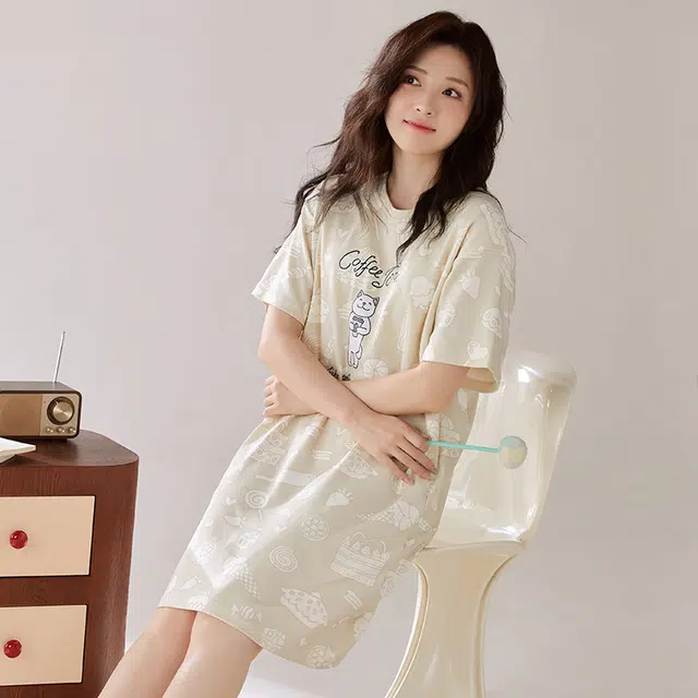 浮光岛屿 简约纯棉柔软字母印花图案高级感短袖带胸垫家居服舒适亲肤透气可外穿休闲睡裙 女款