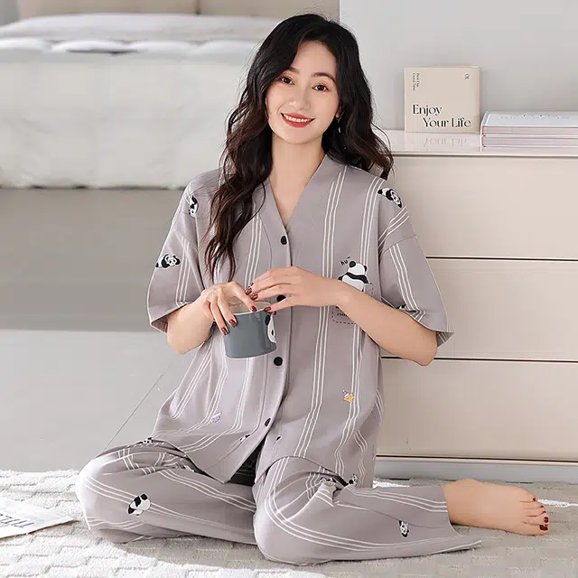 浮光岛屿 简约熊猫图案带胸垫高级感短袖长裤凉感休闲舒适亲肤可外穿睡衣套装 女款 礼盒装 灰色