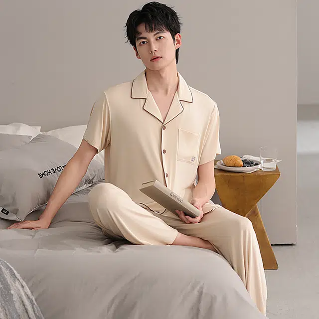 浮光岛屿 简约纯色柔软时尚高级感短袖长裤翻领家居服舒适亲肤透气可外穿睡衣套装 男款 礼盒装 杏色