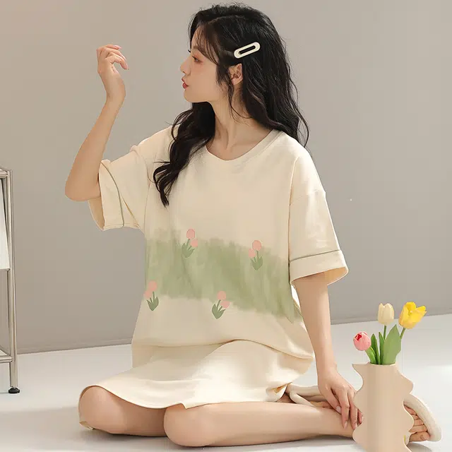 浮光岛屿 简约纯色柔软高级感带胸垫短袖休闲舒适亲肤凉爽透气可外穿家居服睡裙 女款 礼盒装 黄色