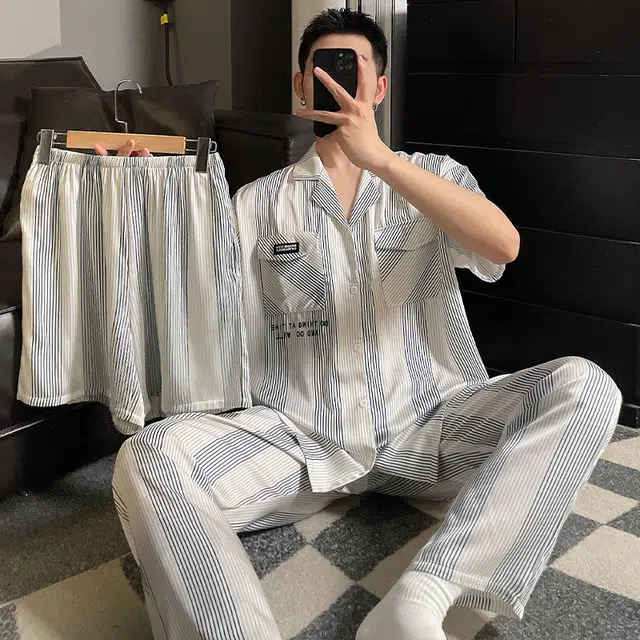 浮光岛屿 柔软凉感简约高级感时尚潮流短袖亲肤透气可外穿宽松休闲睡衣套装 男款
