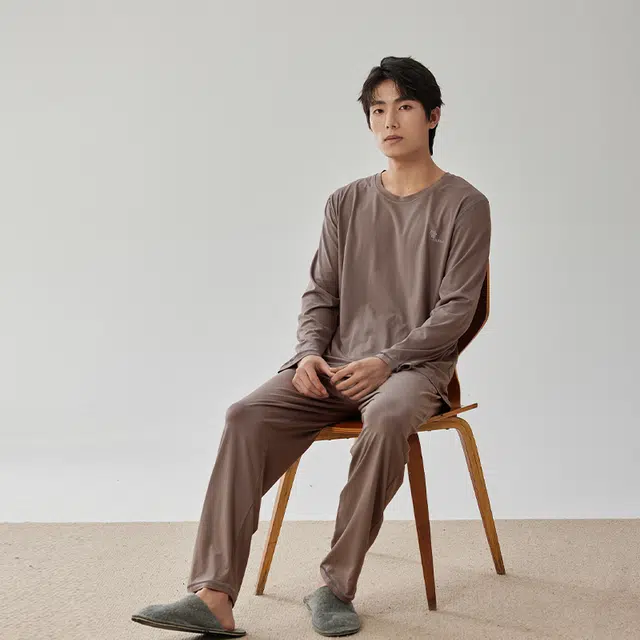 浮光岛屿 礼盒款简约系列 美拉德纯色莫代尔棉大码休闲舒适可外穿长袖睡衣 家居服套装 男款 棕色