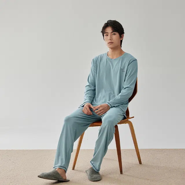 浮光岛屿 礼盒款简约系列 纯色莫代尔棉大码休闲舒适可外穿长袖睡衣 家居服套装 男款 湖水绿