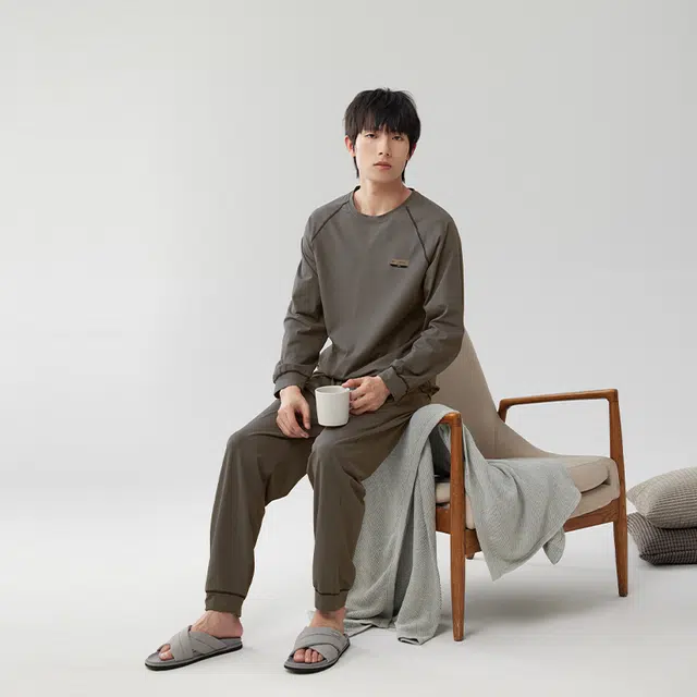 浮光岛屿 礼盒款 美拉德时尚纯棉圆领休闲宽松舒适可外穿长袖睡衣 家居服套装 男款 棕绿色