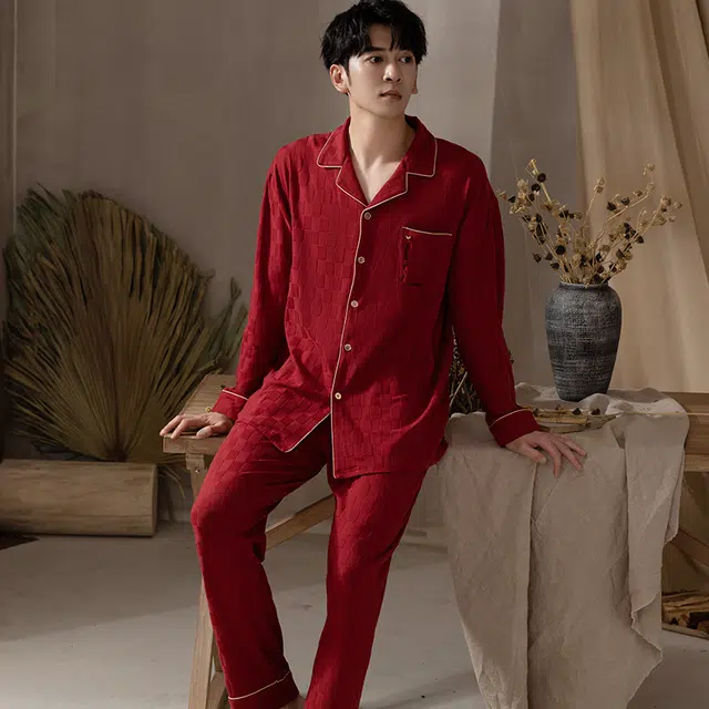 浮光岛屿 简约超柔软中国红翻领高级感长袖长裤家居服舒适亲肤透气可外穿宽松休闲 睡衣套装 男款 礼盒装 红色