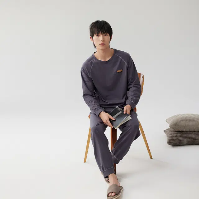 浮光岛屿 礼盒款 时尚简约纯棉圆领休闲宽松舒适可外穿长袖睡衣 家居服套装 男款 黑色