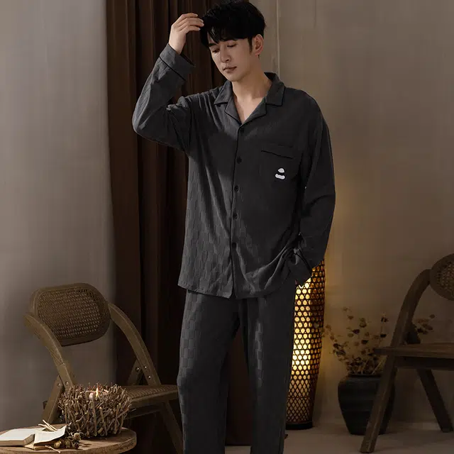 浮光岛屿 简约精致超柔软提花翻领高级感长袖长裤家居服舒适亲肤透气可外穿宽松休闲睡衣套装 男款 礼盒款 深灰色