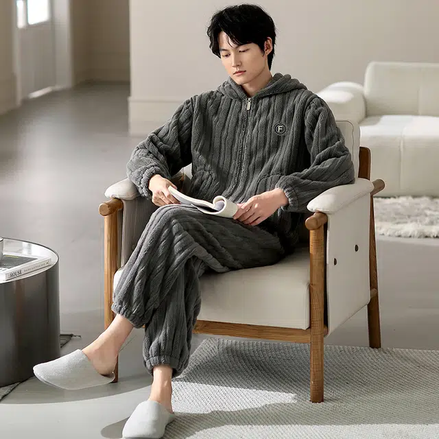 浮光岛屿 简约纯色时尚大气连帽高级感家居服舒适亲肤保暖可外穿宽松休闲 秋冬睡衣套装 礼袋款 男款 浅灰色