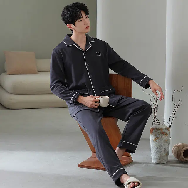浮光岛屿 简约纯色时尚翻领高级感家居服舒适亲肤保暖可外穿睡衣套装 男款 礼盒装 深灰色