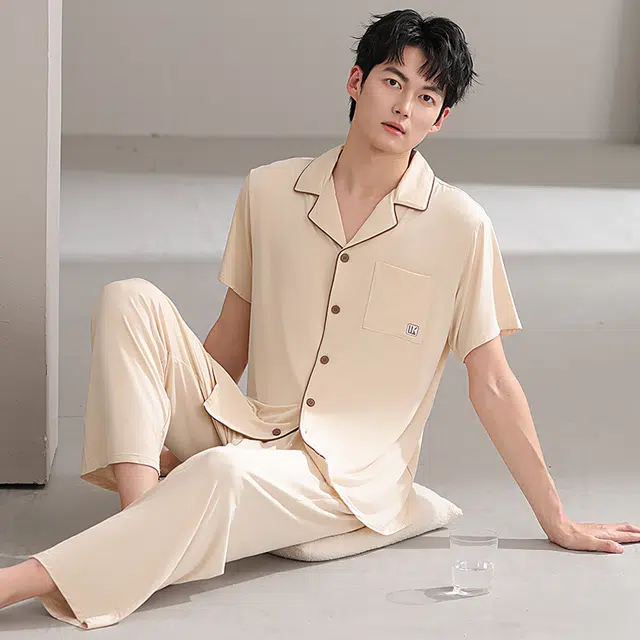 浮光岛屿 简约纯色柔软时尚高级感短袖长裤翻领家居服舒适亲肤透气可外穿睡衣套装 男款 礼盒装 杏色