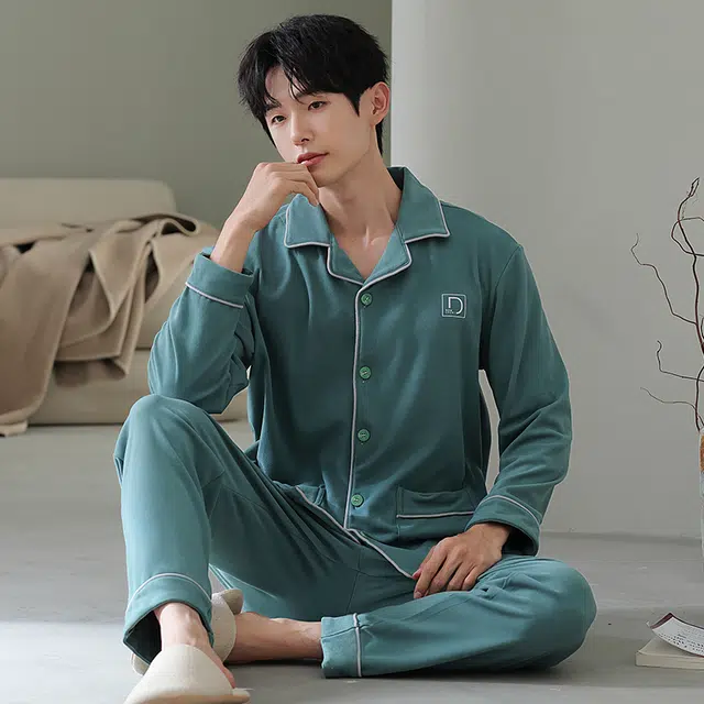 浮光岛屿 简约纯色时尚翻领高级感家居服舒适亲肤保暖可外穿睡衣套装 男款 礼盒装 浅绿色