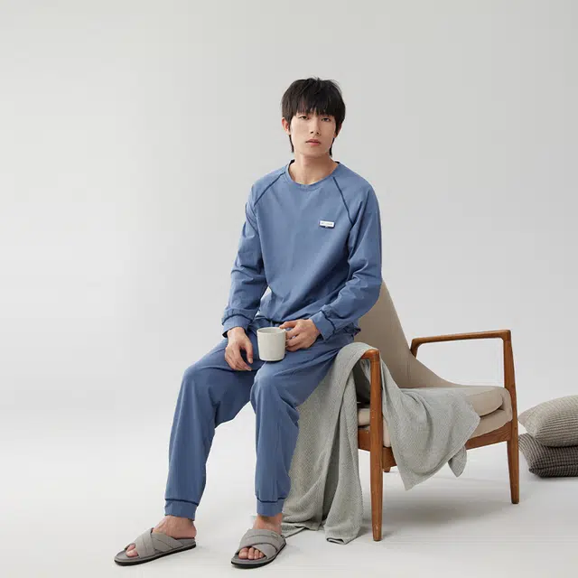 浮光岛屿 礼盒款 时尚简约纯棉圆领休闲宽松舒适可外穿长袖睡衣 家居服套装 男款 蓝色