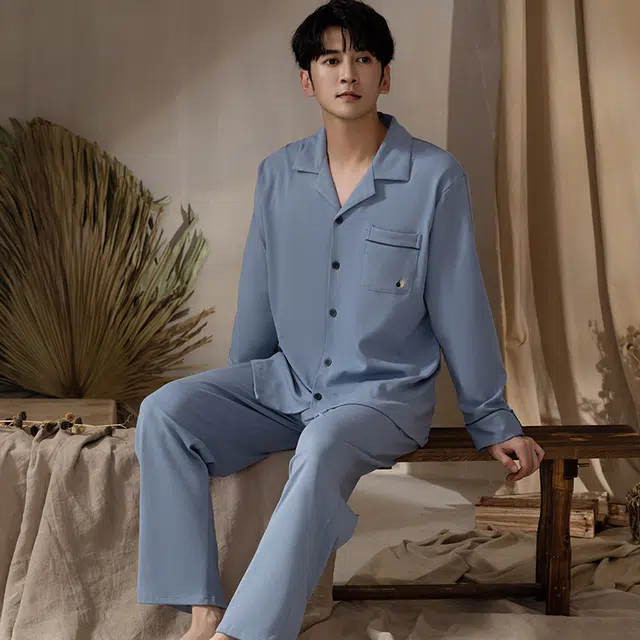 浮光岛屿 简约纯色超柔软翻领高级感长袖长裤家居服舒适亲肤透气可外穿休闲睡衣套装 男款 礼盒款 浅蓝色