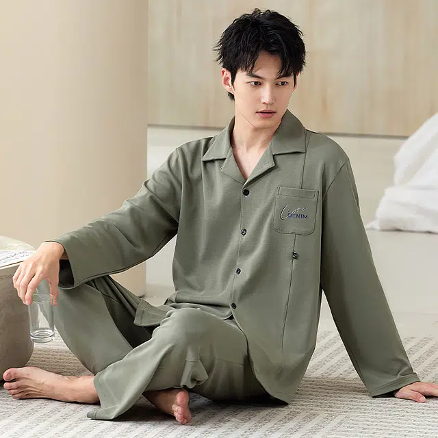 浮光岛屿 简约纯色时尚翻领高级感长袖长裤家居服舒适亲肤凉感休闲可外穿睡衣套装 男款 礼盒装 浅绿色