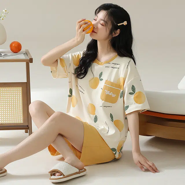浮光岛屿 简约时尚可爱带胸垫圆领高级感短袖家居服凉感休闲舒适亲肤可外穿睡衣套装 女款 礼盒装 橙色