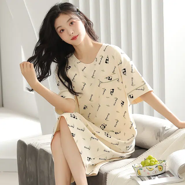 浮光岛屿 简约柔软清新可爱高级感带胸垫短袖休闲舒适亲肤凉爽透气可外穿家居服睡裙 女款 礼盒装 杏色