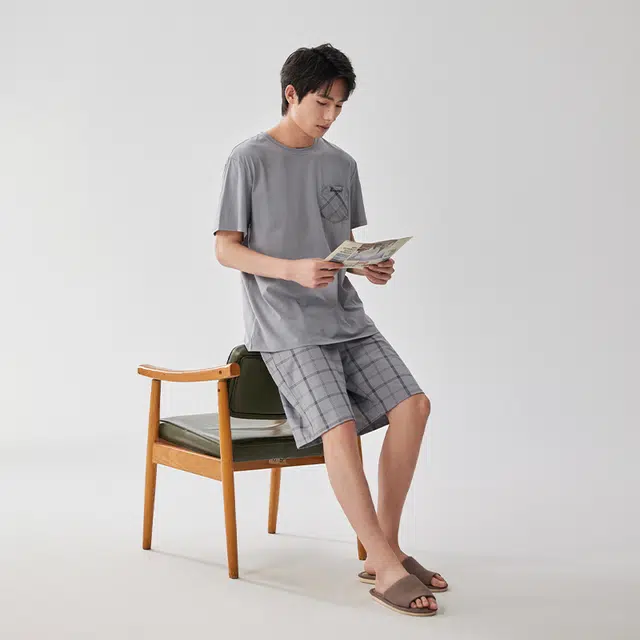 浮光岛屿 礼盒款简约系列 柔软舒适凉感棉格子口袋休闲宽松可外穿短袖睡衣 家居服套装 男款 灰色