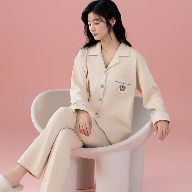 浮光岛屿 简约纯色可爱口袋翻领高级感长袖长裤家居服舒适亲肤透气可外穿宽松休闲睡衣套装 女款 礼盒装 米白色