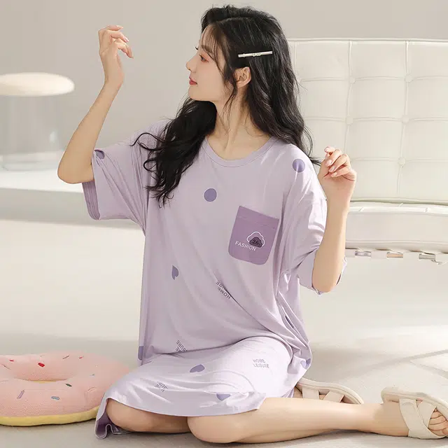 浮光岛屿 简约柔软时尚字母高级感带胸垫短袖休闲舒适亲肤透气可外穿家居服睡裙 女款 礼盒装 紫色