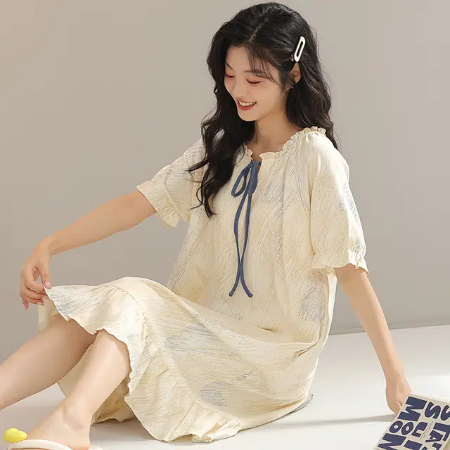 浮光岛屿 简约时尚柔软高级感带胸垫短袖休闲舒适亲肤凉爽透气可外穿家居服睡裙 女款 礼盒装 黄色