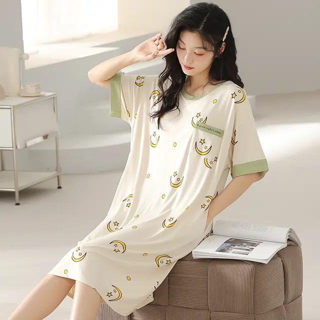 浮光岛屿 简约柔软时尚高级感带胸垫短袖休闲舒适亲肤凉爽透气可外穿家居服睡裙 女款 礼盒装 黄色