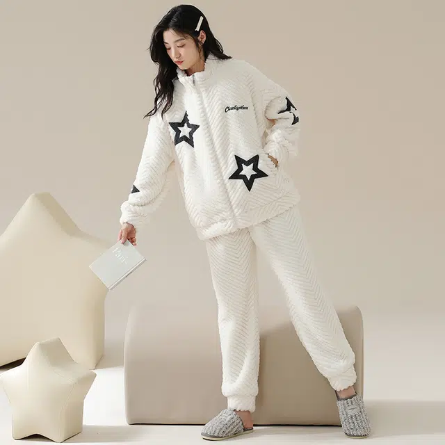 浮光岛屿 珊瑚绒睡衣女秋冬款加厚保暖法兰绒时尚嘻哈星星休闲宽松可外穿家居服 家居套装 女款 米白色
