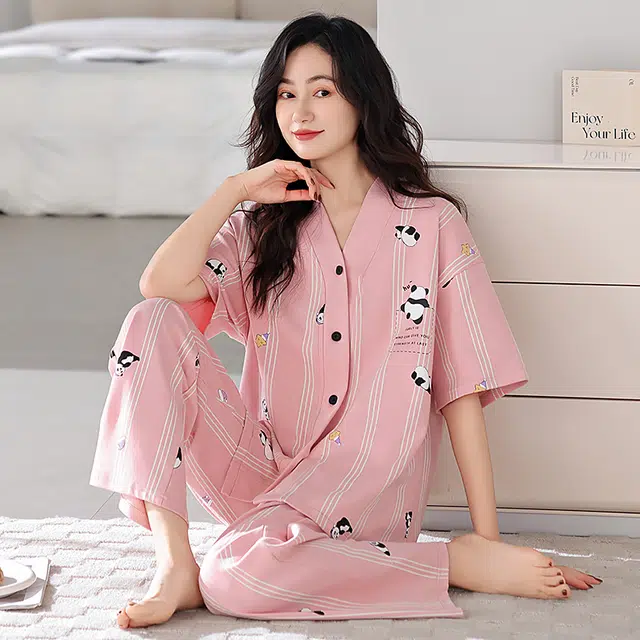 浮光岛屿 简约熊猫图案带胸垫高级感短袖长裤家居服凉感休闲舒适亲肤可外穿睡衣套装 女款 礼盒装 粉红色