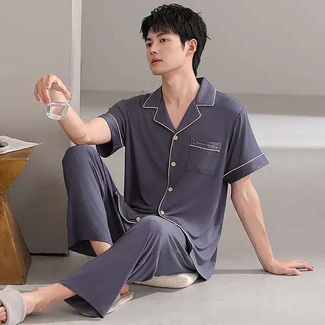 浮光岛屿 简约纯色柔软时尚高级感短袖长裤翻领家居服舒适亲肤透气可外穿睡衣套装 男款 礼盒装 藏青色
