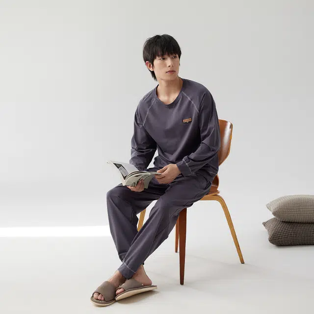 浮光岛屿 礼盒款 时尚简约纯棉圆领休闲宽松舒适可外穿长袖睡衣 家居服套装 男款 黑色