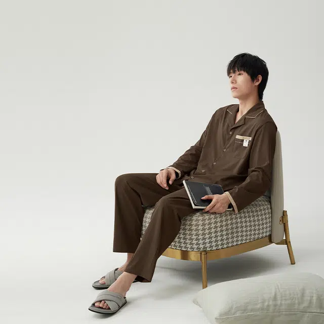 浮光岛屿 礼盒款 美拉德时尚简约高级感纯色大码宽松休闲可外穿纯棉长袖睡衣 家居服套装 男款 棕色