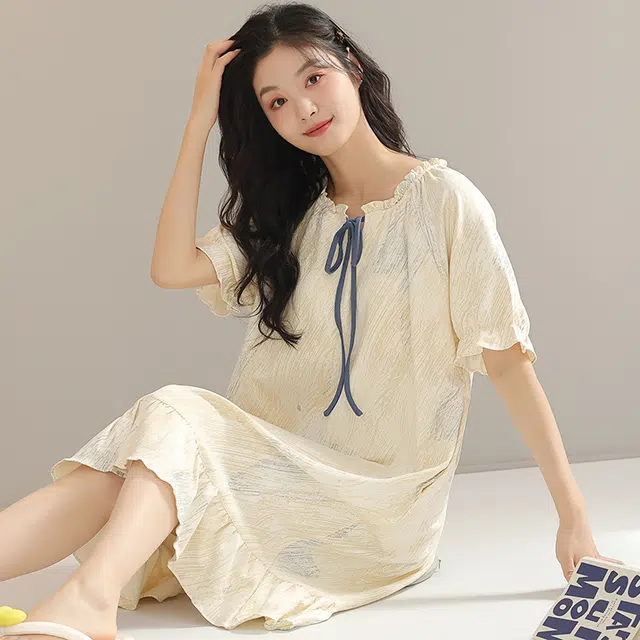 浮光岛屿 简约时尚柔软高级感带胸垫短袖休闲舒适亲肤凉爽透气可外穿家居服睡裙 女款 礼盒装 黄色