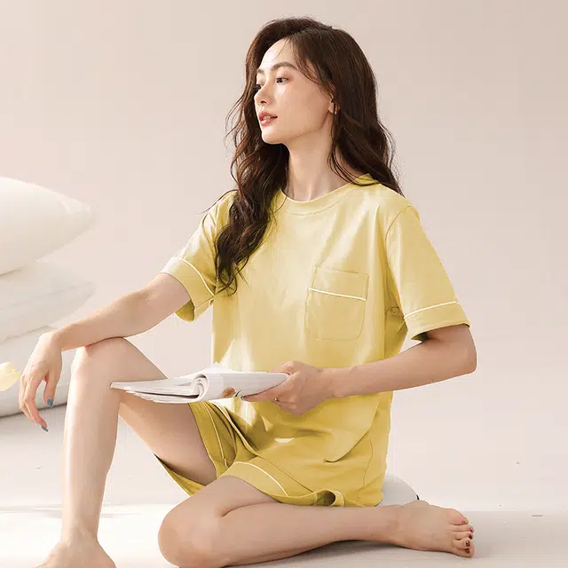 浮光岛屿 纯色简约高级感柔软亲肤圆领短袖休闲可外穿三分裤睡衣套装 女款 礼盒装 香草绿