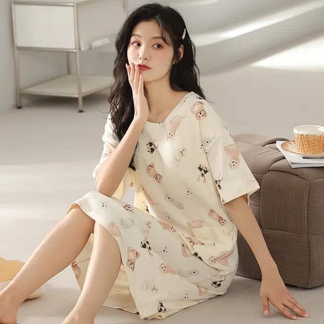 浮光岛屿 简约柔软可爱高级感带胸垫短袖休闲舒适亲肤凉爽透气可外穿家居服睡裙 女款 礼盒装 杏色