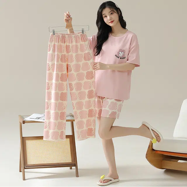 浮光岛屿 简约时尚可爱带胸垫圆领高级感短袖家居服凉感休闲舒适亲肤可外穿睡衣套装 女款 礼盒装 粉红色