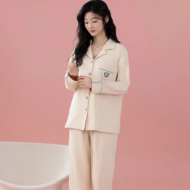 浮光岛屿 简约纯色可爱口袋翻领高级感长袖长裤家居服舒适亲肤透气可外穿宽松休闲睡衣套装 女款 礼盒装 米白色