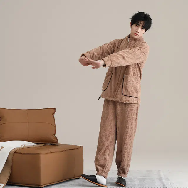 浮光岛屿 珊瑚绒睡衣男秋冬款特大码加厚保暖法兰绒拉链开衫休闲宽松可外穿家居服 家居套装 男款 卡其色