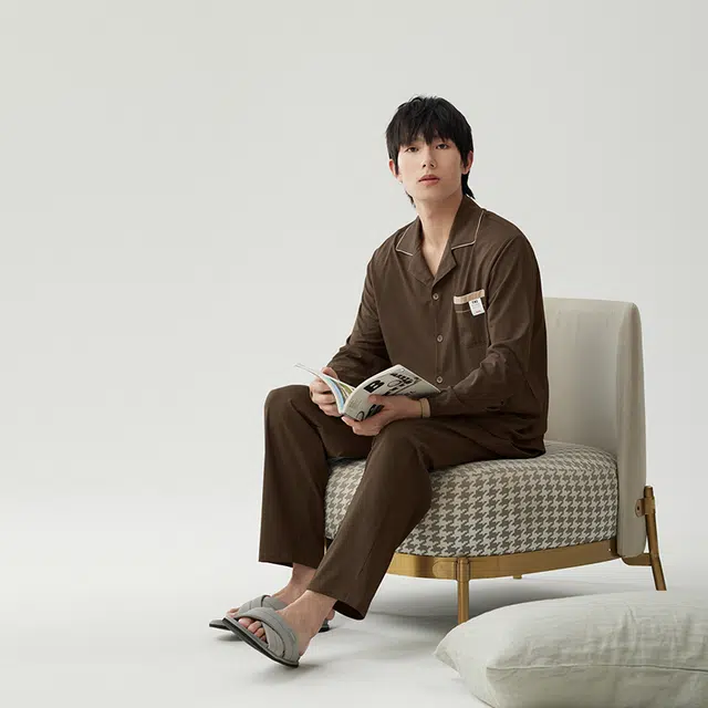浮光岛屿 礼盒款 美拉德时尚简约高级感纯色大码宽松休闲可外穿纯棉长袖睡衣 家居服套装 男款 棕色