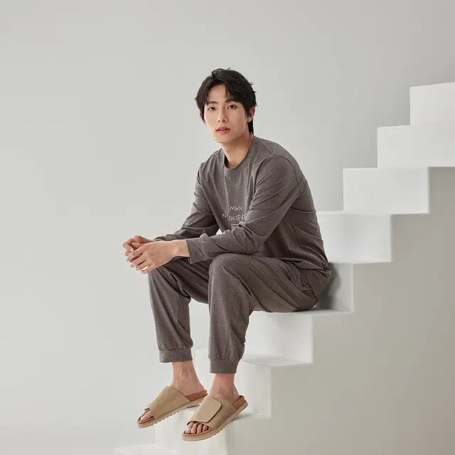 浮光岛屿 礼盒款 柔软舒适纯棉时尚美拉德风圆领简约宽松可外穿长袖睡衣 家居服套装 男款 棕色