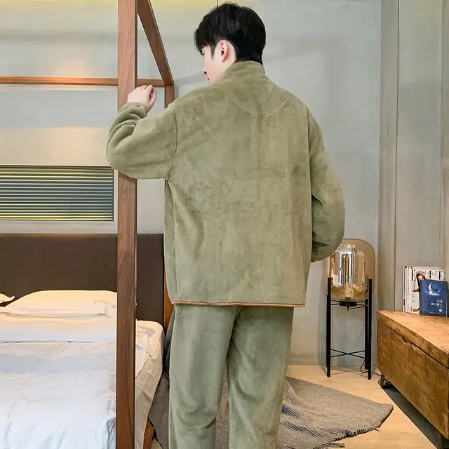 浮光岛屿 美拉德珊瑚绒睡衣男秋冬款加厚保暖法兰绒运动休闲拉链开衫宽松可外穿家居服 家居套装 男款 棕色
