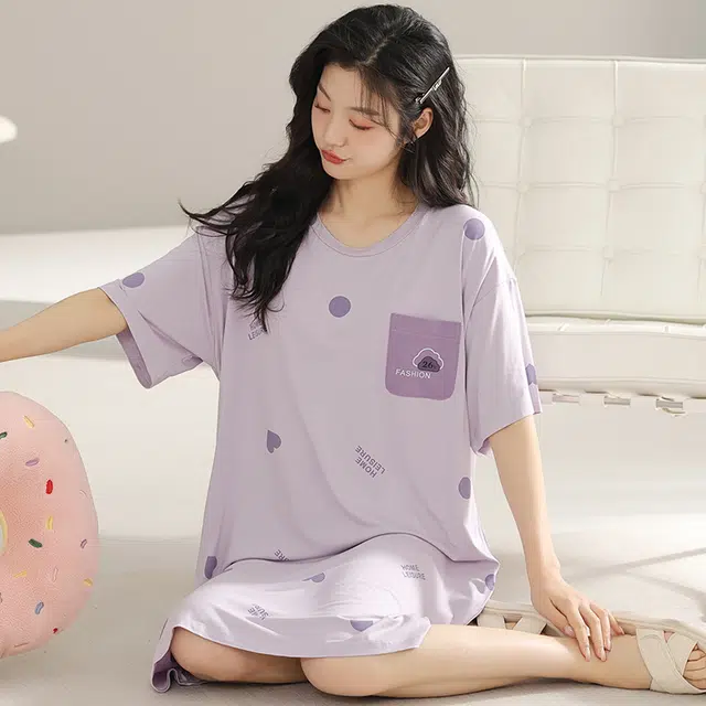 浮光岛屿 简约柔软时尚字母高级感带胸垫短袖休闲舒适亲肤透气可外穿家居服睡裙 女款 礼盒装 紫色