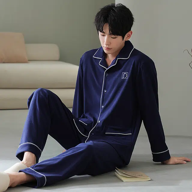 浮光岛屿 简约纯色时尚翻领高级感家居服舒适亲肤保暖可外穿休闲睡衣套装 男款 礼盒装 藏青色