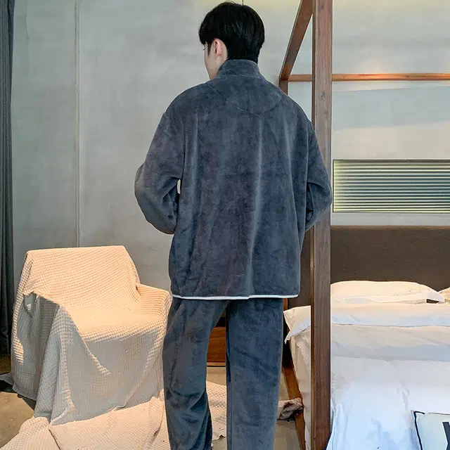 浮光岛屿 珊瑚绒睡衣男秋冬款加厚保暖法兰绒运动休闲拉链开衫可外穿家居服 家居套装 男款 灰咖色