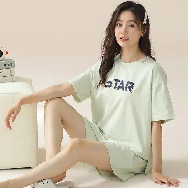 浮光岛屿 凉感纯棉短袖家居服简约时尚圆领休闲上衣短裤宽松实用可外穿睡衣套装 女款 礼盒款 薄荷绿