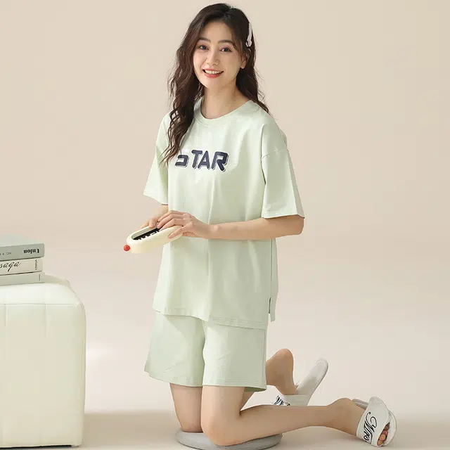 浮光岛屿 凉感纯棉短袖家居服简约时尚圆领休闲上衣短裤宽松实用可外穿睡衣套装 女款 礼盒款 薄荷绿