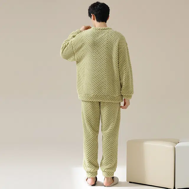 浮光岛屿 珊瑚绒睡衣女男士秋冬款法兰绒加绒加厚卡通圆领舒适可外穿家居服 家居套装 男女同款 浅绿色