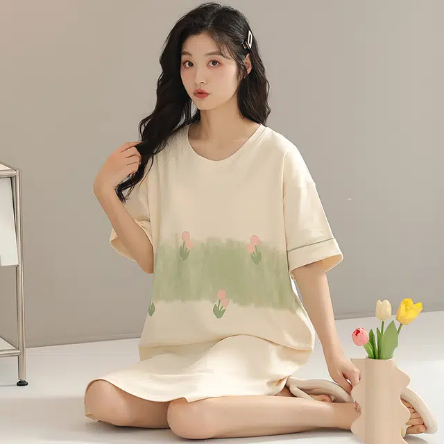 浮光岛屿 简约纯色柔软高级感带胸垫短袖休闲舒适亲肤凉爽透气可外穿家居服睡裙 女款 礼盒装 黄色