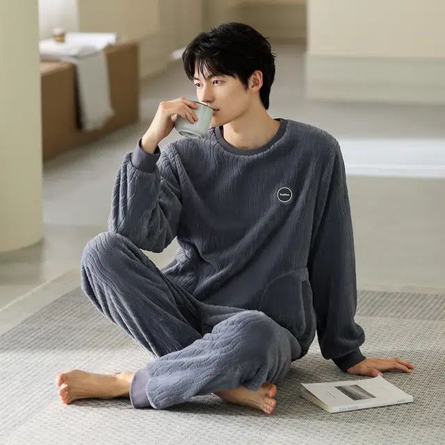 浮光岛屿 简约纯色波浪纹高级感家居服舒适亲肤保暖可外穿休闲睡衣礼盒 男款 淡蓝色