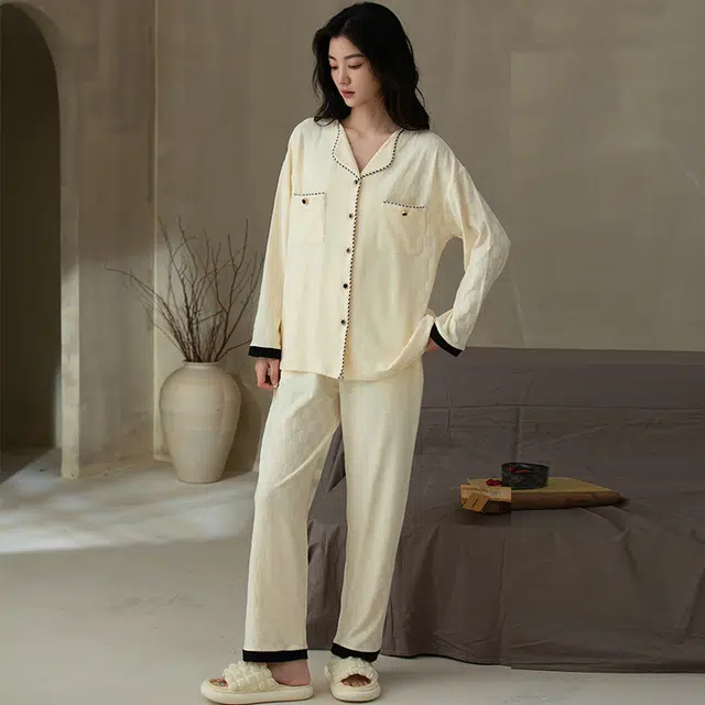 浮光岛屿 简约纯色甜美可爱高级感长袖长裤家居服舒适亲肤透气可外穿宽松休闲睡衣套装 女款 礼盒装 杏色