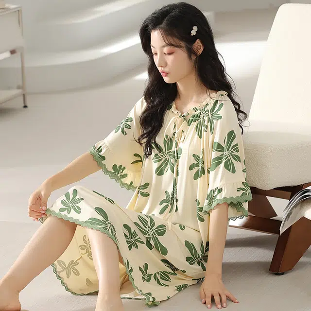 浮光岛屿 简约柔软可爱高级感带胸垫短袖休闲舒适亲肤凉爽透气可外穿家居服睡裙 女款 礼盒装 浅绿色